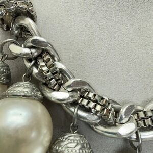 Chunky Silver Tone Faux Pearl Necklace 16" Adjustable Statement Costume Jewelry